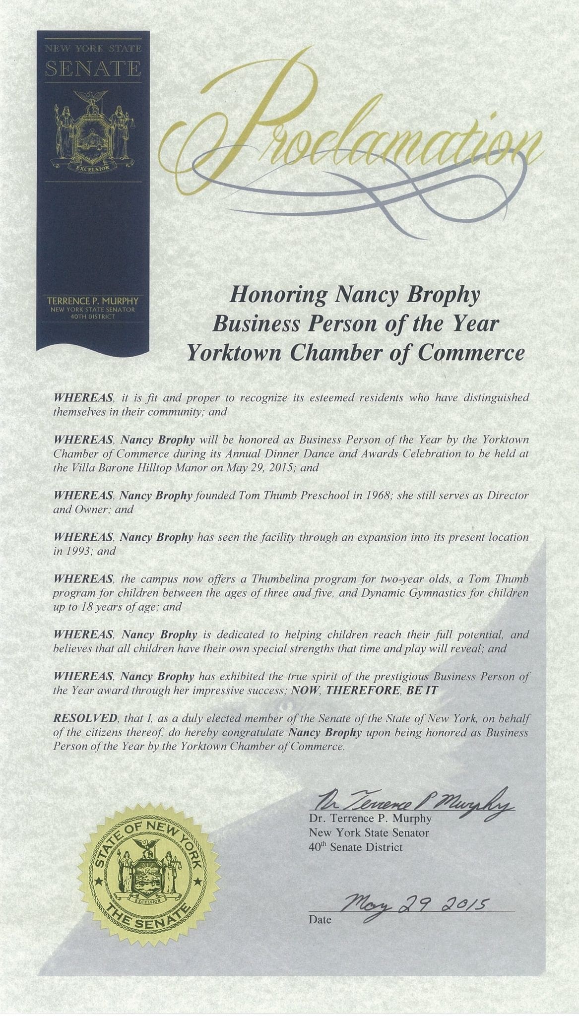 certificate of Yorktown Chamber 2015 Business Person of the Year