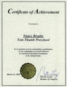 US House of Representatives Certificate of Achievement to Tom Thumb Preschool