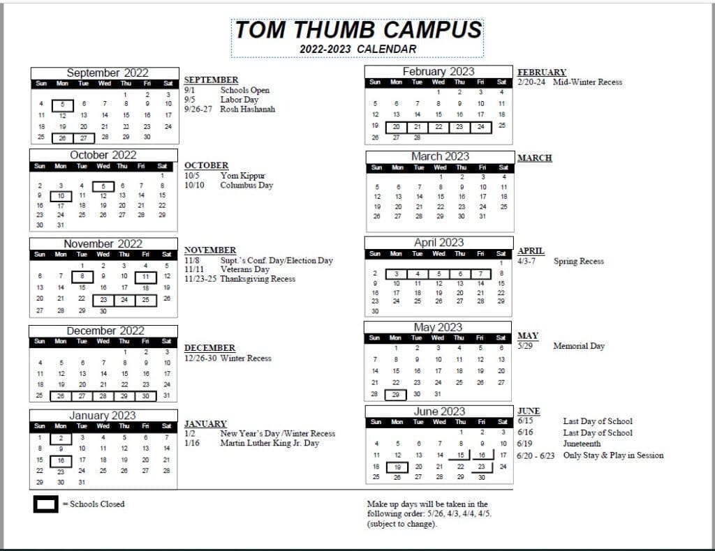 tom humb preschool Campus calendar