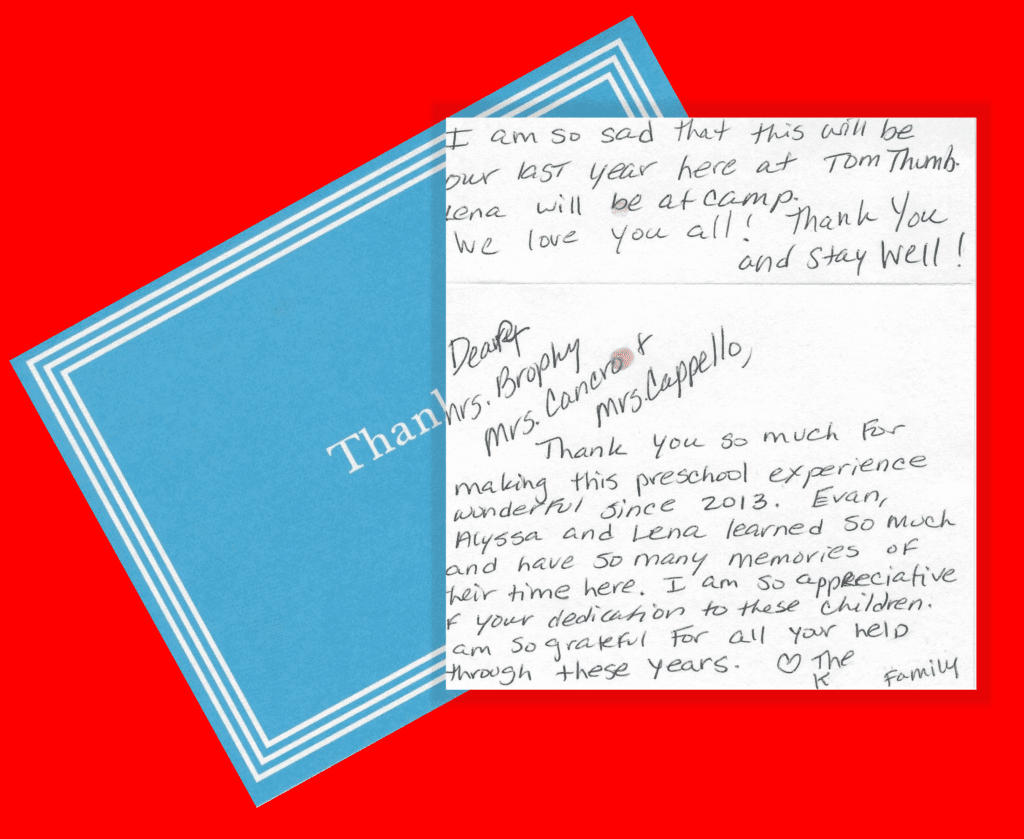 thank you note from k-family to tom thumb preschoo