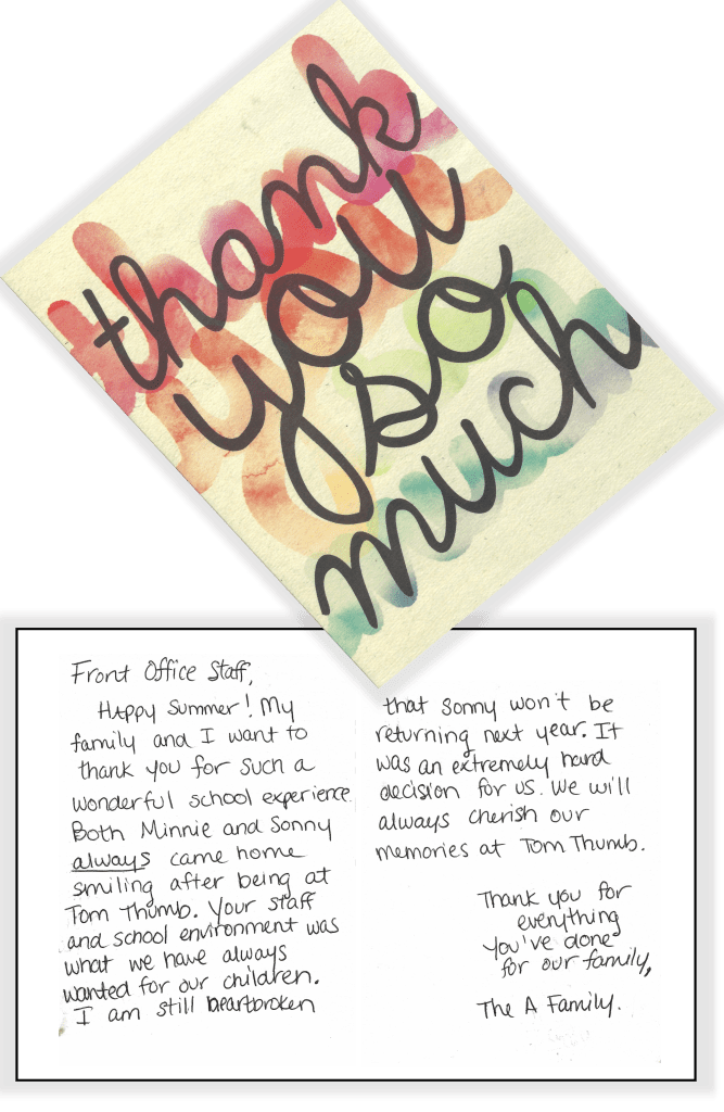 "a" family thank you note thanking the staff.