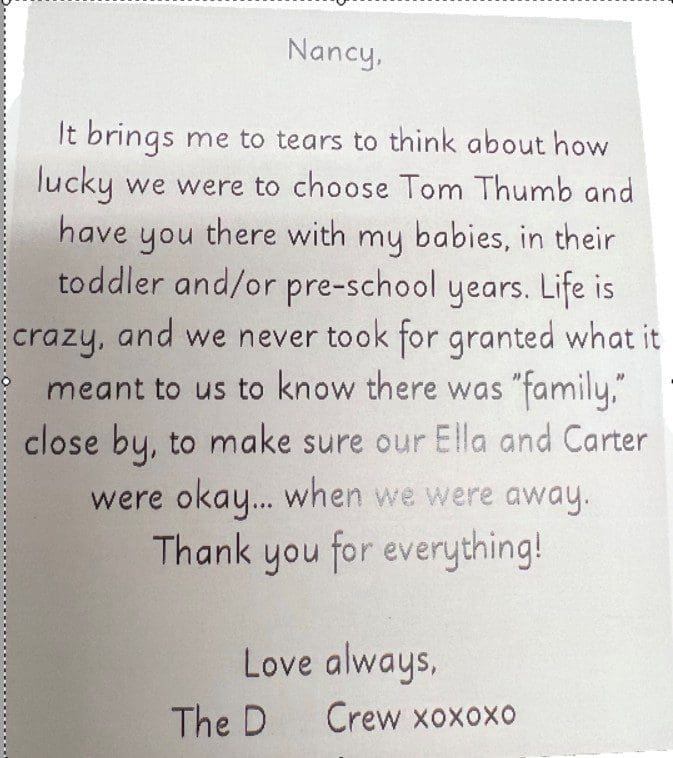 thank you note to Mrs. Brophy at tom thumb preschool