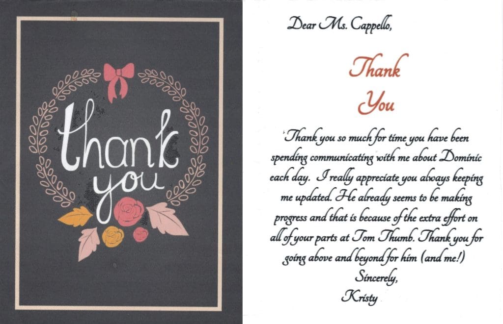 thank you note from kristy to ms cappello at tom thumb prschool