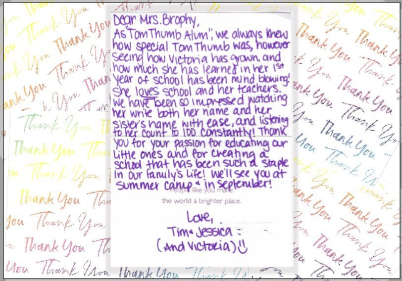 thank you note from the parent a tom thumb preschool student