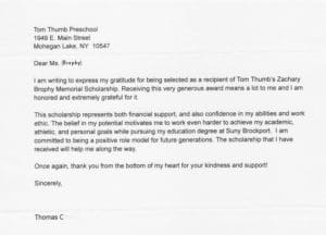 Letter to Mrs. Brophy for the Tom Thumb's Zachary Brophy Memorial Scholarship