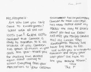 thank you letter to tom thumb teacher, mrs. fitzgerald