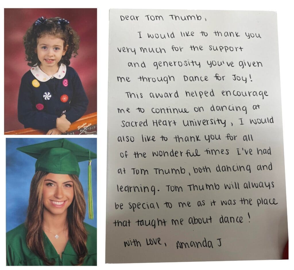 amanda's note thanking tom thumb preschool for wonder times of dance and learning